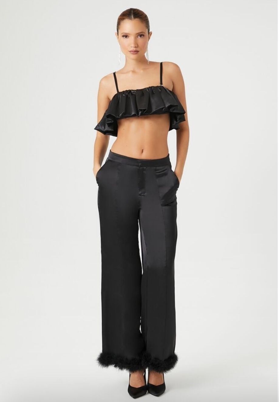 NWT Forever 21 black Satin pants size XL A pair of satin pants featuring a mid rise, concealed zip fly with hook-and-bar closure, faux-fur trim, seame