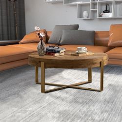 NEW 31.29"Modern Retro Splicing Round Coffee Table,Fir Wood Table Top with Gold Cross Legs Base