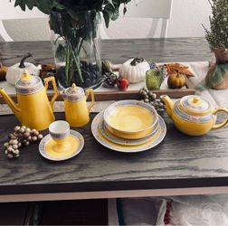 🌼 Antique 8 pc Victoria Czechoslovakia Yellow & Blue Breakfast China #290