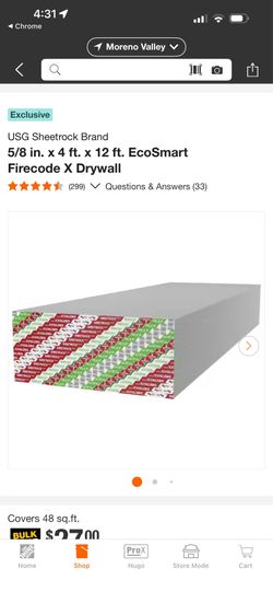 5/8” fire code x eco smart Sheetrock 4’x12’