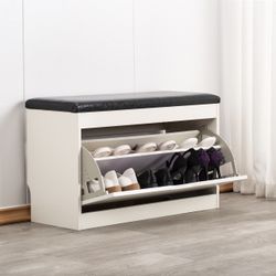  Cushioned Shoe Storage Bench with Flip-Drawer, Shoe Cabinet Ottoman Shoe Rack, White Top Available