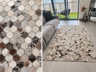 Genuine Leather Rug – Neutral Hexagon Design