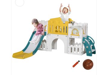 In Box 7 in 1 Toddler Slide with Basketball Hoop, for 1-3 Years, Yellow
