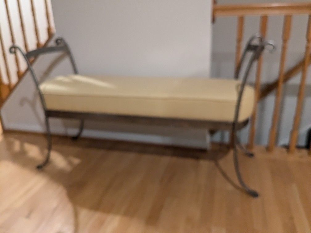 Unique Entryway Bench Silver Tone Finish Yellow Upholstery