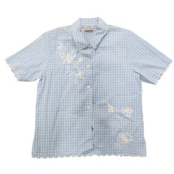 Vintage Koret City Blues Petite Size Small Blue Plaid Floral Embroidered Top