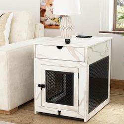 Piskyet Dog Crate Furniture,Wooden Dog Crate End Table with Storage Drawer&Cushion&Tray, QC3.0 Wireless Charging,Dual USB,Small Dogs Marbl