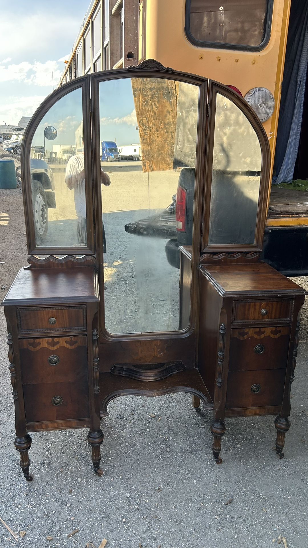 Rare Tri-fold Antique Vanity With Mirror/chair vintage desk with drawers bronze brown L49”*D18”*H34”