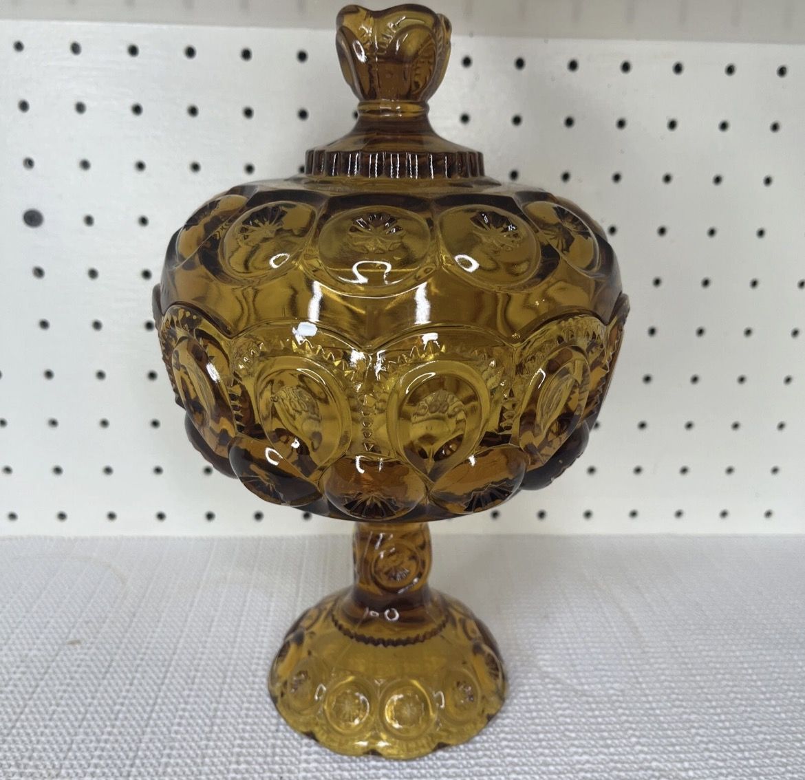 Vintage LE Smith Amber Moon and Stars Covered Compote/Candy Dish-10” Tall w/ Lid