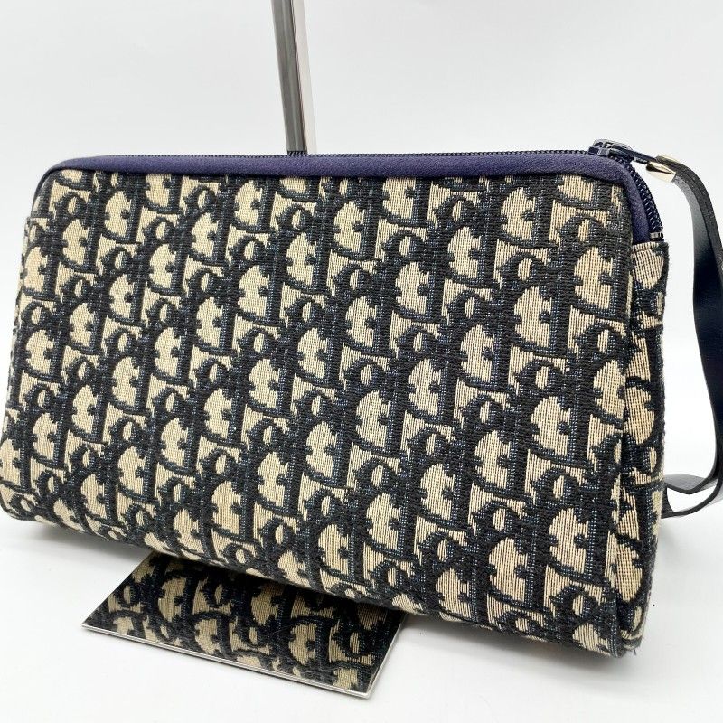 Christian Dior Clutch Bag Trotter Beige Navy Canvas Y2K Vintage