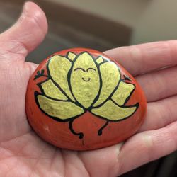 Hand-Painted Happy Lotus Rock – Acrylic & Gold with Resin Finish- Painted Rock Art