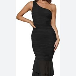 Zesica Ruched One Shoulder Cocktail Dress MEDIUM 