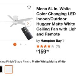 Mena 54 in. White Color Changing LED Indoor/Outdoor Hugger Matte White Ceiling Fan with Light and Remote by Hampton Bay >