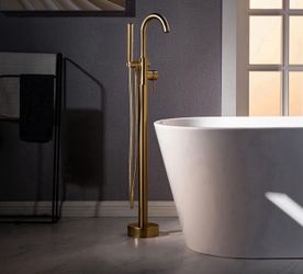 Freestanding Tub Filler Faucet with 2 Function Cylinder Style Hand Shower in Brushed Gold Finish,F0026DRBG