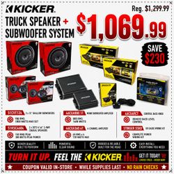 Kicker Truck Subwoofer & Speakers System CX CXA800.1 Mono Amplifier CXA360.4 4-Ch Amp Bass Knob 2 SetsKSC460 KS 4x6" 2-Way Coaxial Speaker Package