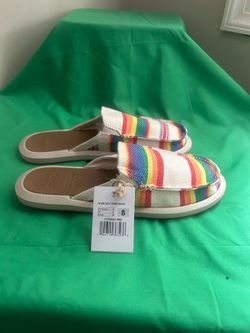NWOT SANUK Womena We Got Pride Rainbow Woven Canvas Athlesiure Slide Mules 8