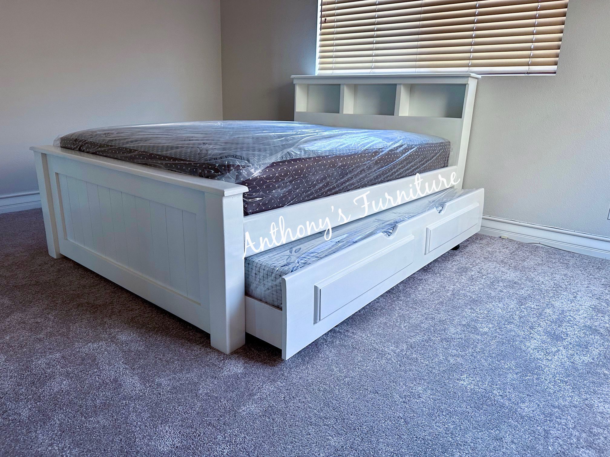 Solid Wood Full Bed & Twin Trundle + 2 Mattresses 