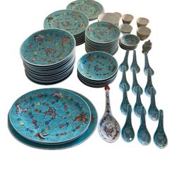 Vintage  Dishes 70 ITEMS China Dinnerware LOT Turquoise blue Famille Rose Butterflies Vine   Plates Platter  Bowls