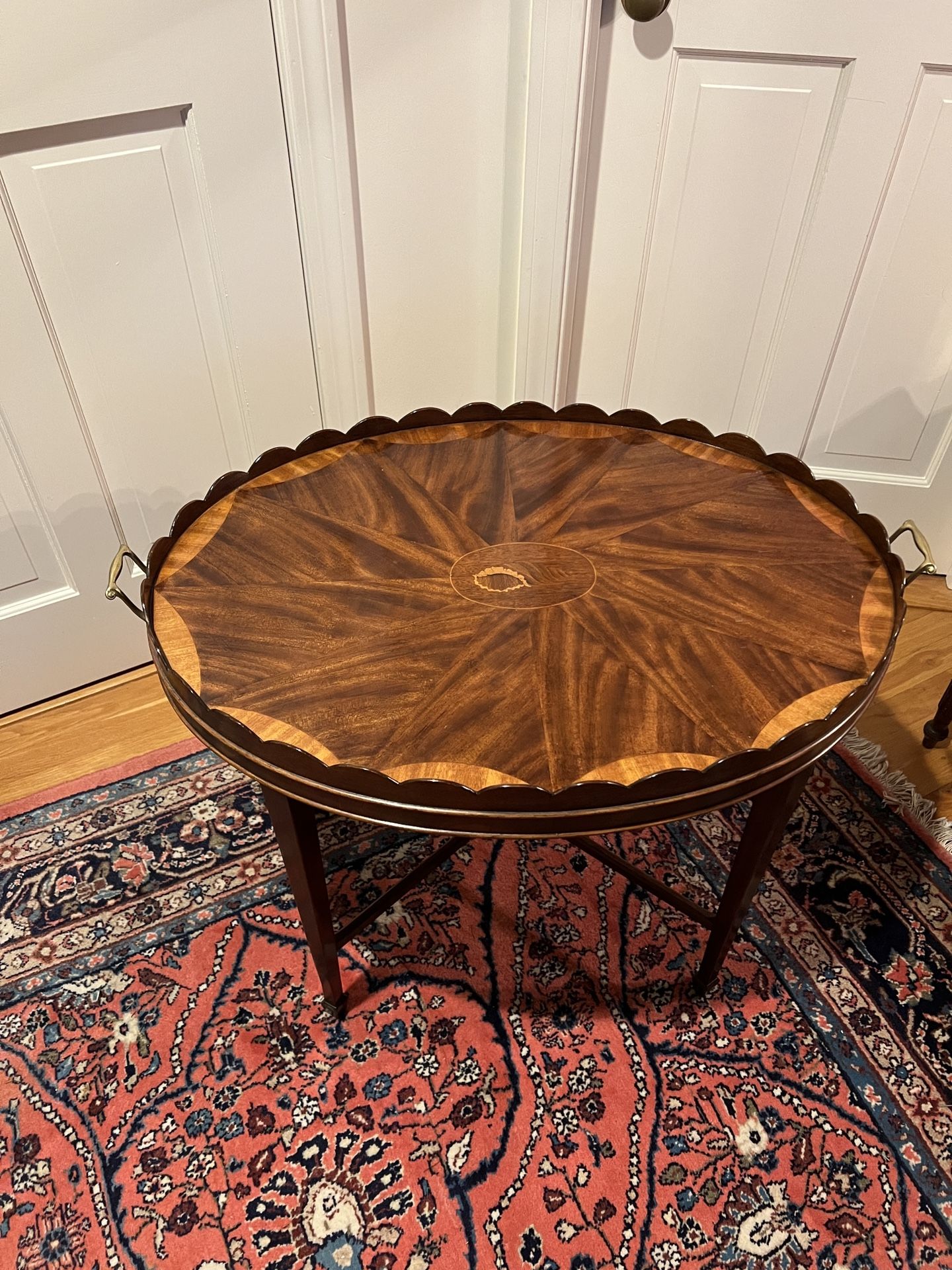 Vintage Baker Mahogany Inlaid Butler’s Tray Table with Scalloped Edge & Brass Handles