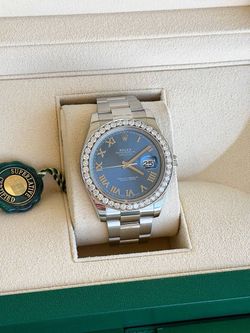 Rolex Datejust 41mm Blue Azzurro Roman Dial 116300 Natural Diamond Bezel Steel Oyster Watch Box Booklets Appraisal Papers