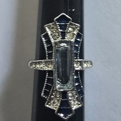 BLUE SAPPHIRE CZ BLING ORNATE NEW QUALITY TITANIUM SILVER SIZE 5  BLING RING