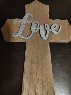 Wooden wall cross with metal 'Love'