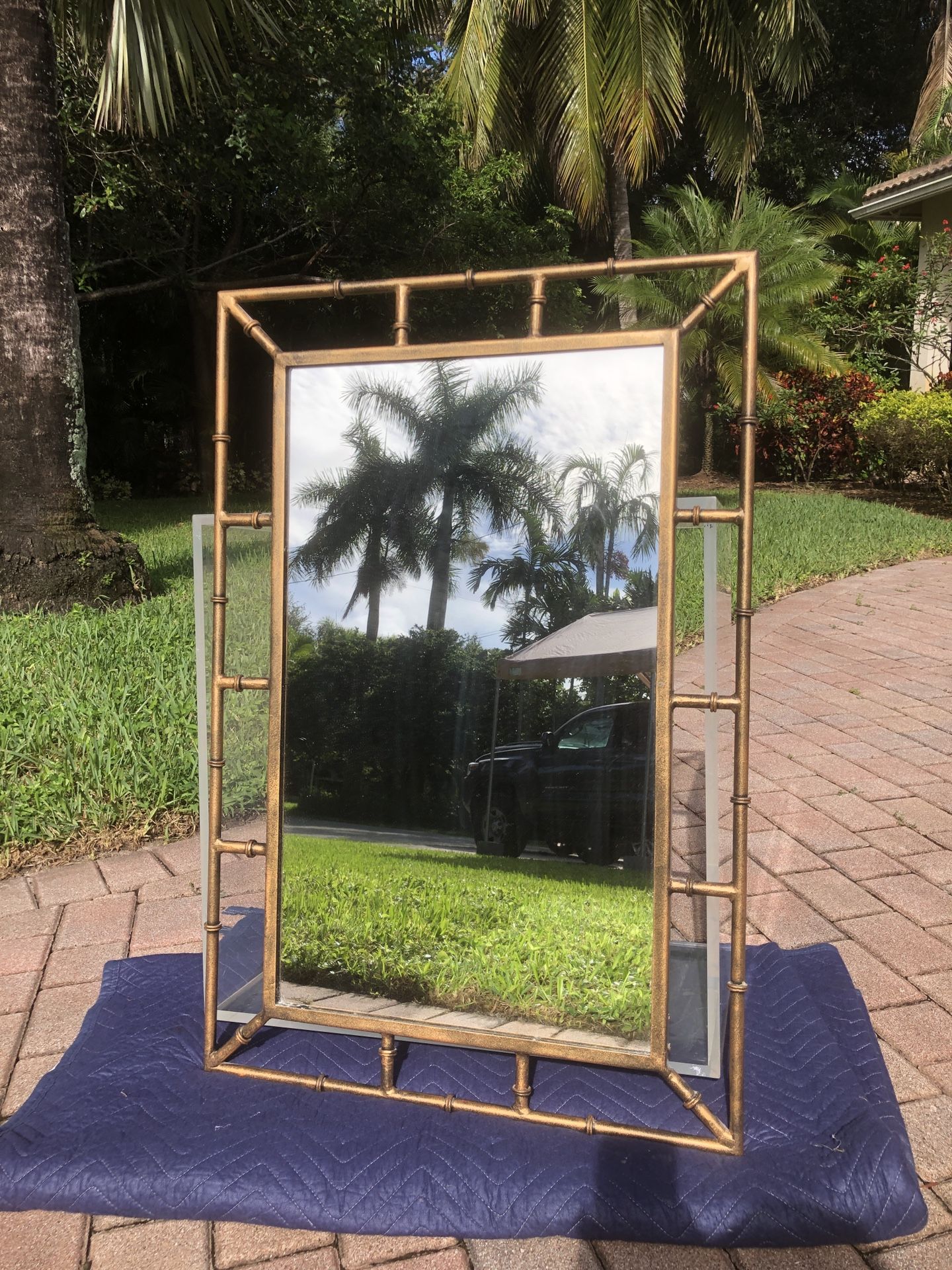 Vintage Gold Metal Faux Bamboo Wall Mirror / Iron Painted Gold