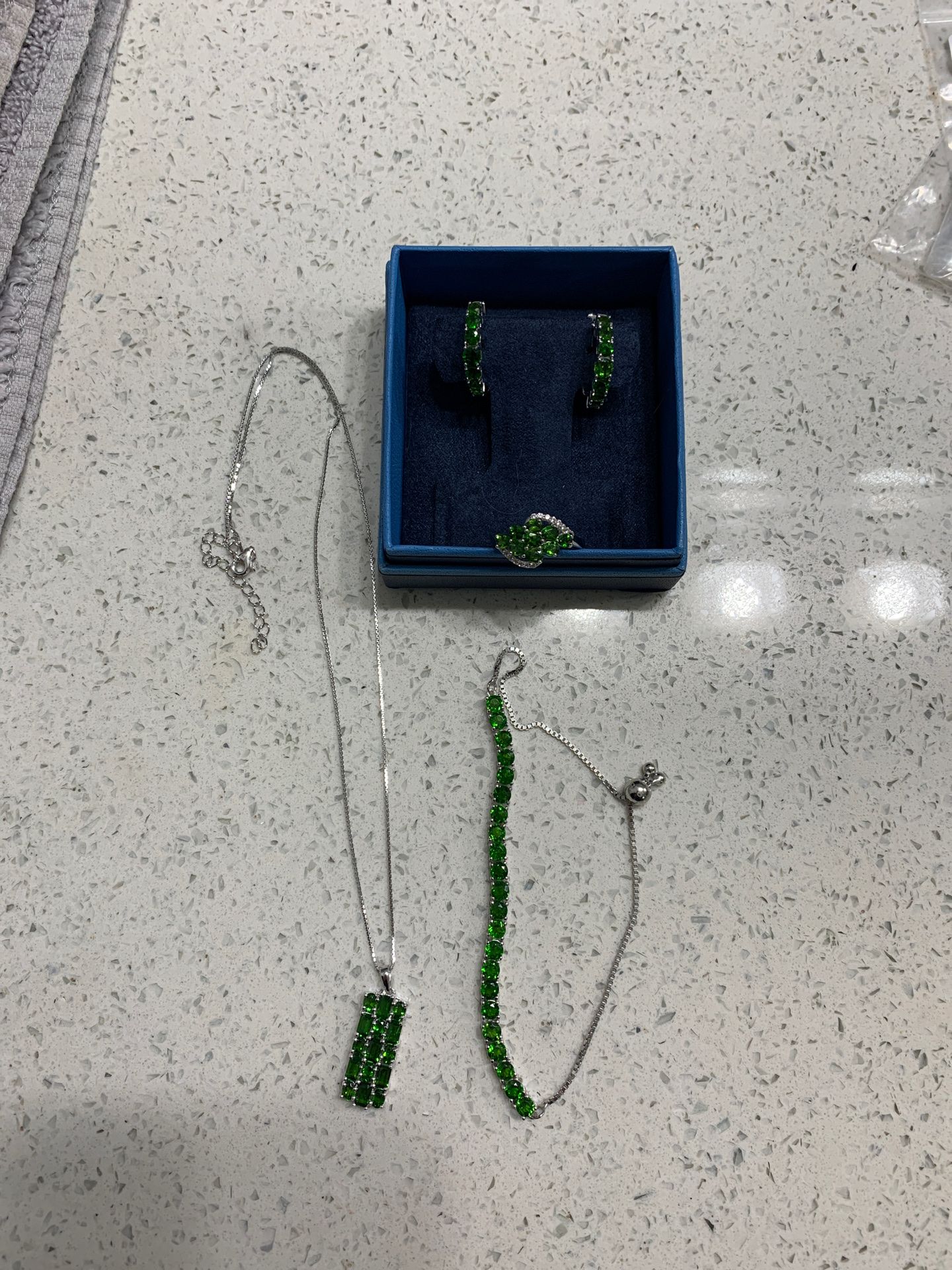 Green Diopside necklace, bracelet, earrings and ring (size 7)