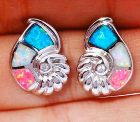 Silver Tropical Shell multi color Fire Opal earrings NEW