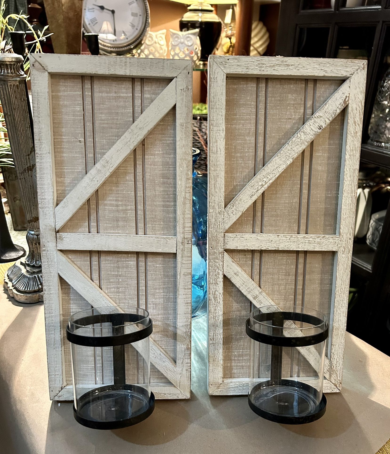 Pair Distressed Farmhouse Wall Mount Candle Holders