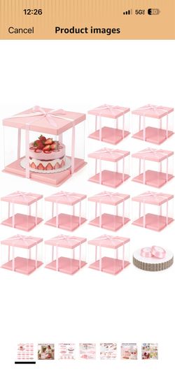 Sawysine 12 Pack Large 10" x 10" x 9.5" Clear Cake Box with Round Boards and Ribbon, Tall Transparent Cake Box Carrier, Baking Cookie Display, Clear G