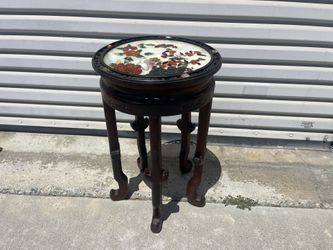 Beautiful Antique Chinese Carved Rosewood Round Stand Marble Top w/ Multi-Gemstones Inlaid