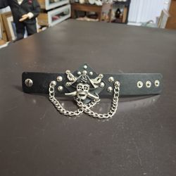 Punk Rock Men's Black Leather Pirate Skull Wristband - Adjustable 8.75"