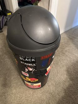 Dark Gray Hamper or Trash Can with Lid – Sticker Decorated