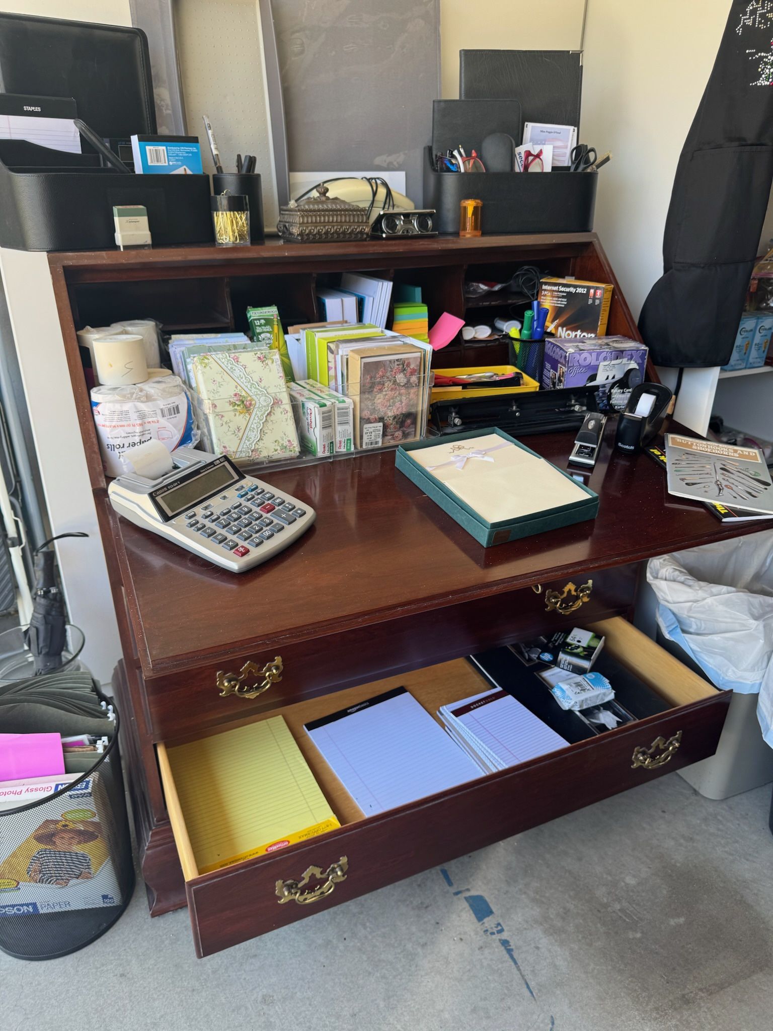 Antique Wood Secretary Desk With 3 Drawers, Sloping Lid