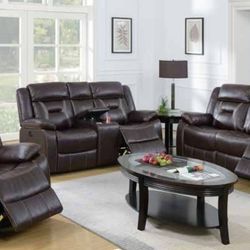 Brand New Brown Gel Leatherette 3pc Reclining Living Room Set 