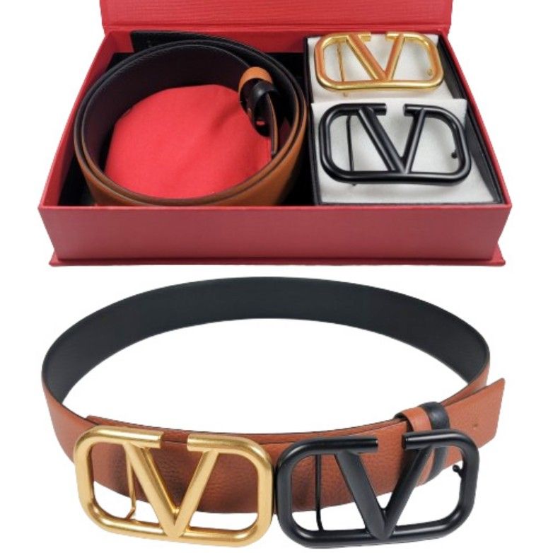 Valentino Garavani V- Logo Two Buckle Reversible Leather Belt - Gift Box