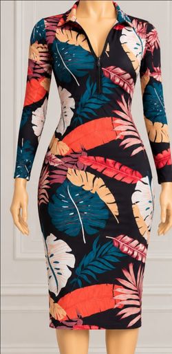 Tropical Print Long Sleeve Bodycon Dress