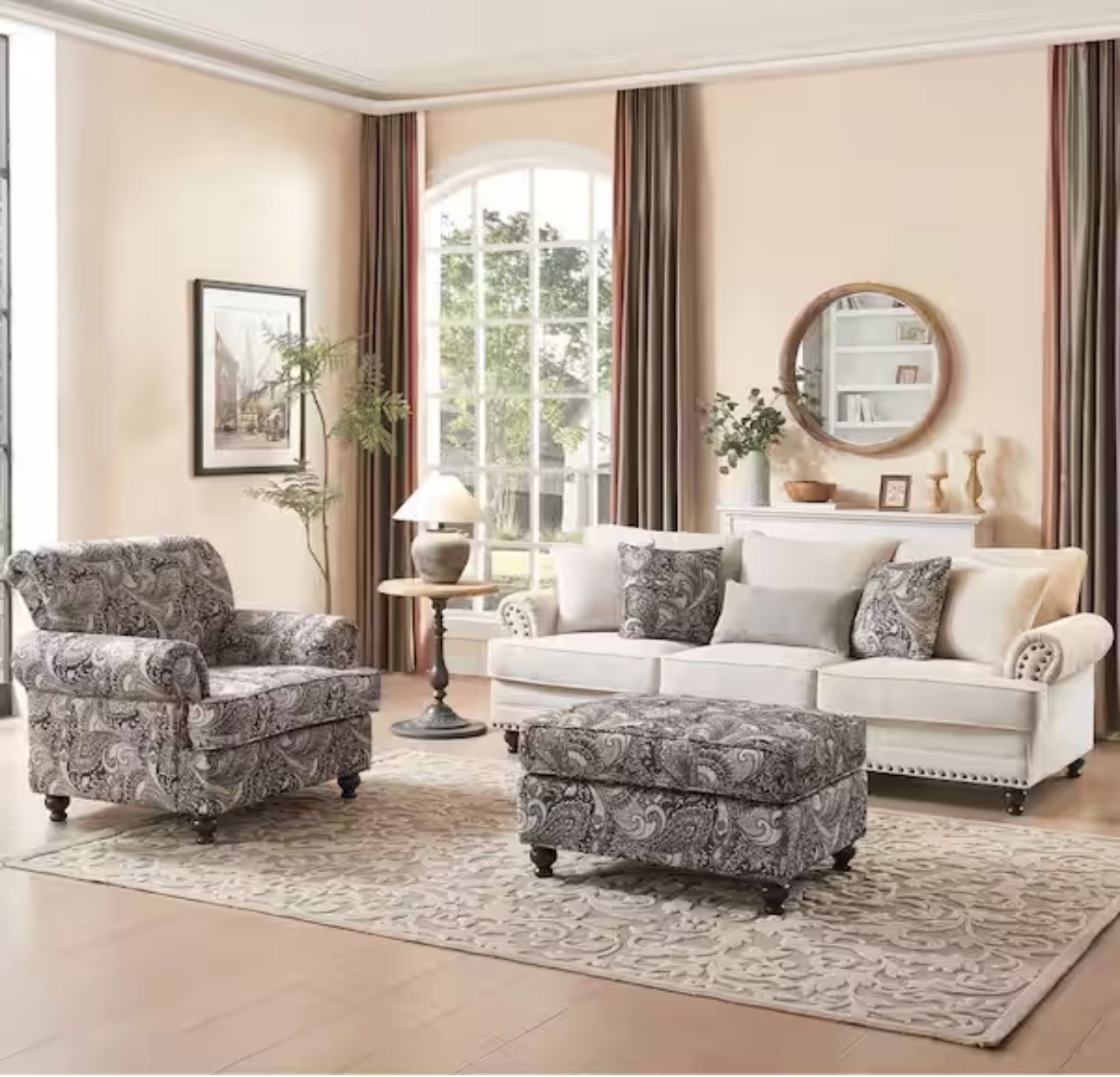 3 Piece Living Room Set, Upholstered Sofa Couch, Loveseat And Floral Accent Chair With Footstool