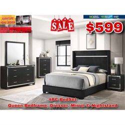 Queen Bedframe, Nightstand,Mirror & Dresser 