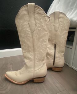Cream Leather Tall Cowboy Boots