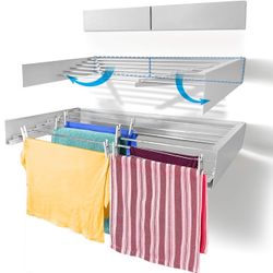 Step Up Laundry Drying Rack (40-INCH White), Wall Mounted, Retractable Clothes Drying Rack, 60lbs Capacity, 20 Linear Ft, with Wall Template and Long 