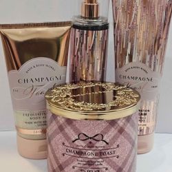 New Bath & Body Works CHAMPAGNE TOAST body scrub, lotion, perfume & bow candle retail $84