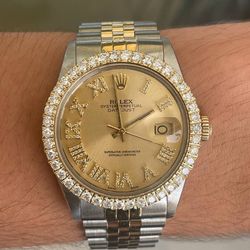 Rolex Datejust 36mm 18k yellow gold and stainless steel vvs flower set diamond bezel champagne Roman diamond dial jubilee band