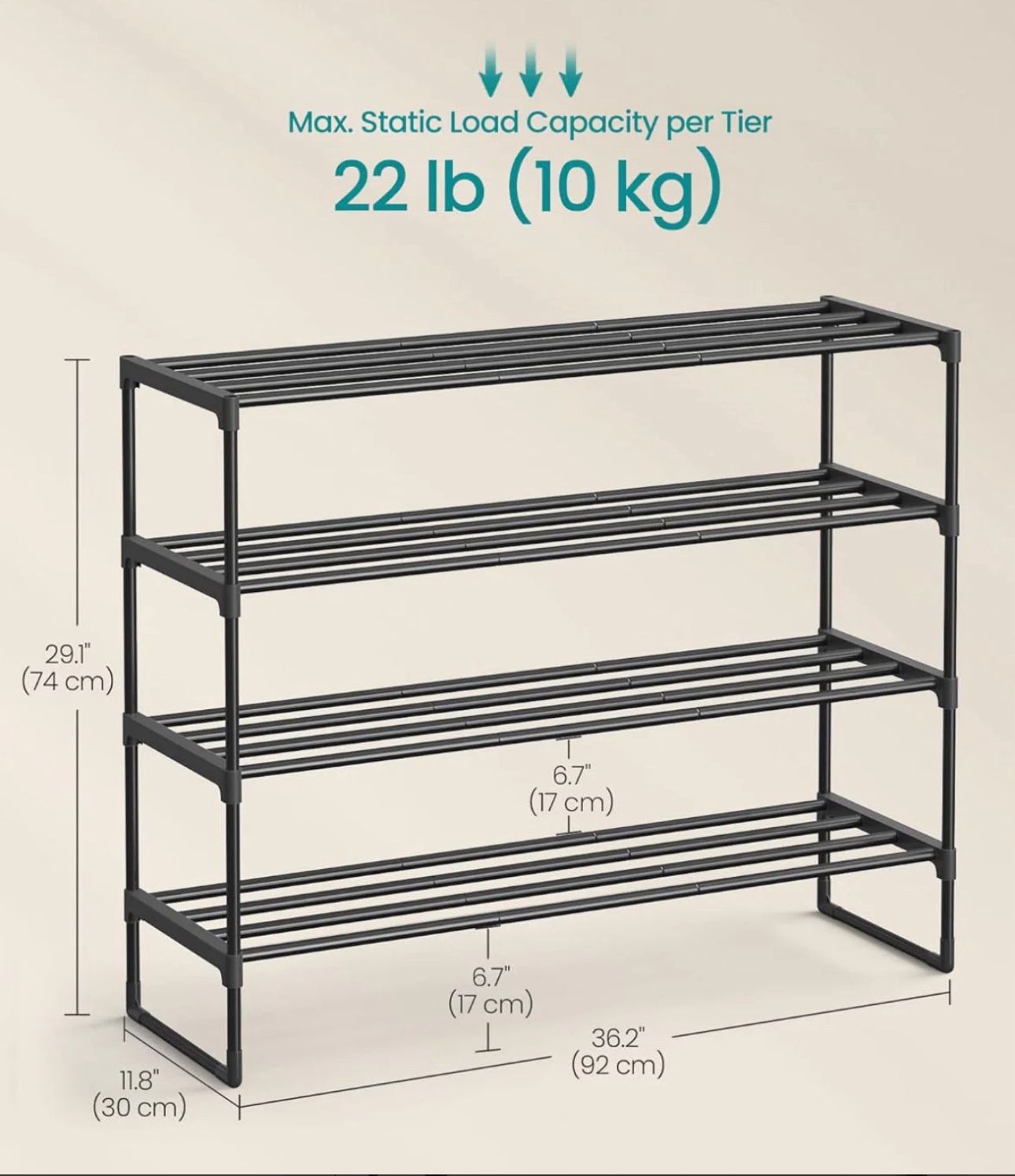SONGMICS Shoe Rack 4-Tier Shoe Organizer Metal Storage - Black