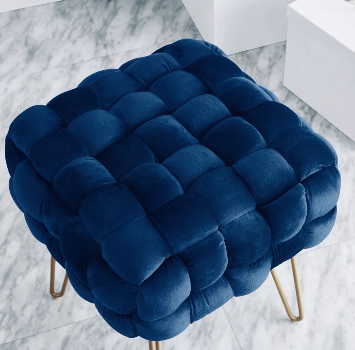 Blue Velvet Woven Ottoman Stool