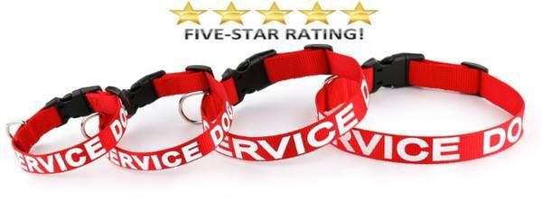 Service dog collars, harnesses, patches, leashes and more! Free shipping!