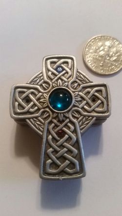 Tiny Pewter cross box brooch w Rhinestone