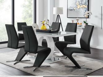 Scottsmoor Modern High Gloss Halo 6 Seater Dining Table Set with Luxury Faux Leather Dining Chairs