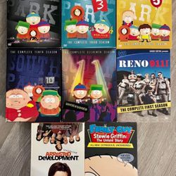 Lot of 8 different seasons from 4 different comedy shows in random seasons. South Park season 1, 3, 5, 10 & 11. Reno 911 Season1, Arrested Development