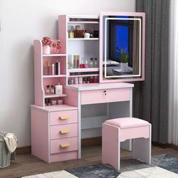 Vanity with Stool Set Sliding Mirror Door Simple Standard Modern Multifunctional Dressing Table Wood Desk 4 Drawers Make-up Vanity Table for Bedroom D